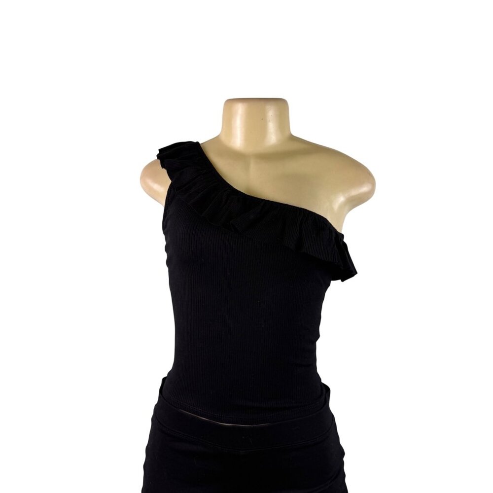 Jun & Ivy Womens Black Rayon One-Shoulder Top Ruffle Detail Sz S - NWT